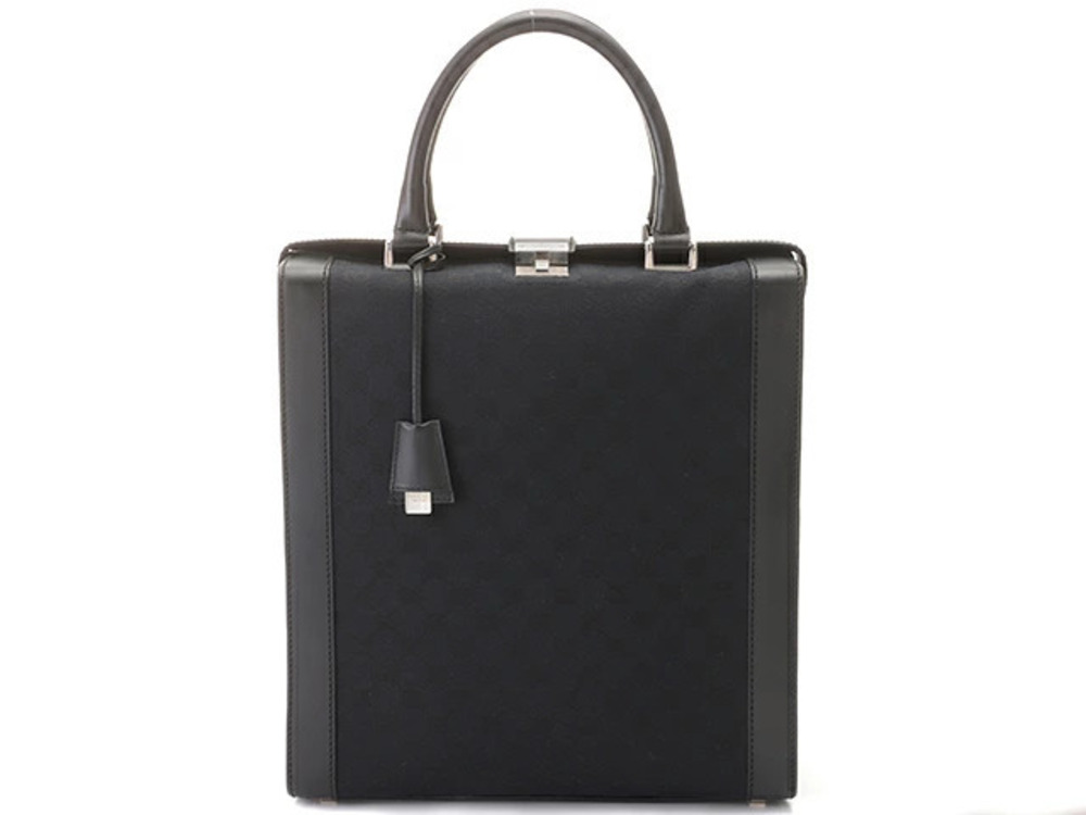Gucci GG Canvas Briefcase Navy Blue Black Calfskin